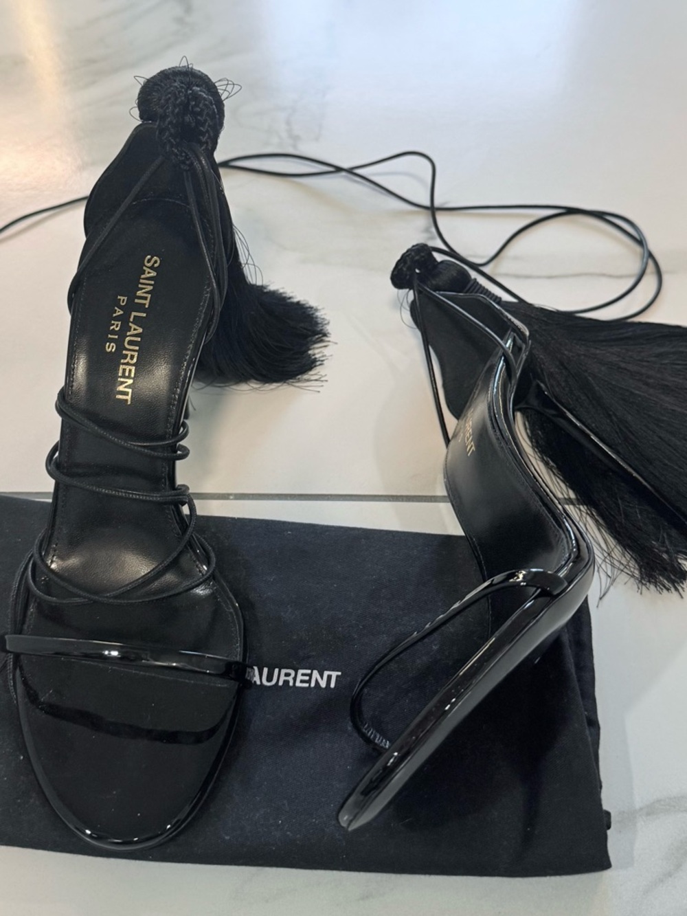 Saint Laurent Black Patent Leather Tassel Lace-Up Stilettos - Picture 3 of 4